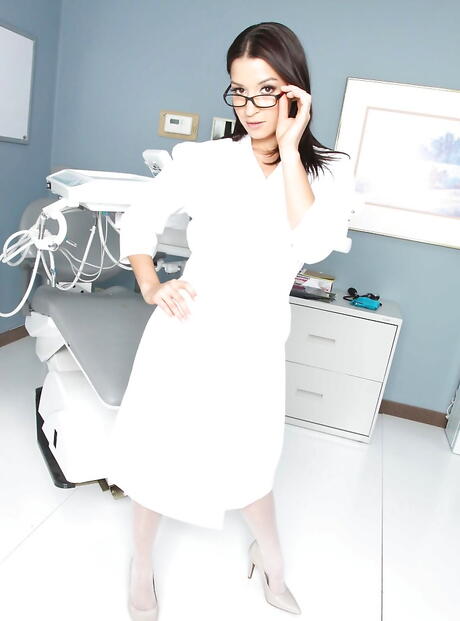 Adorable american babe Ann Marie Rios in uniform outfit exhibiting big tits and spreading her legs 